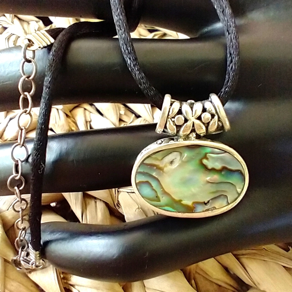 Necklace Sterling Silver Abalone Pendant & Black Rope Necklace Include